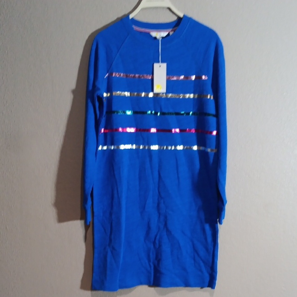 Boden Blue Long Sleeve Sweatshirt Dress with Metallic Stripe Detail
